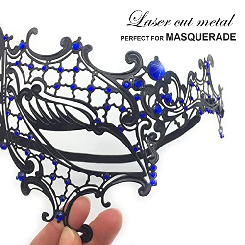 Cosmer Masquerade Mask for Women Shiny Laser Cut Metal Rhinestone Mask Party Porm Ball Mask (Blue Half-face) - Image 2