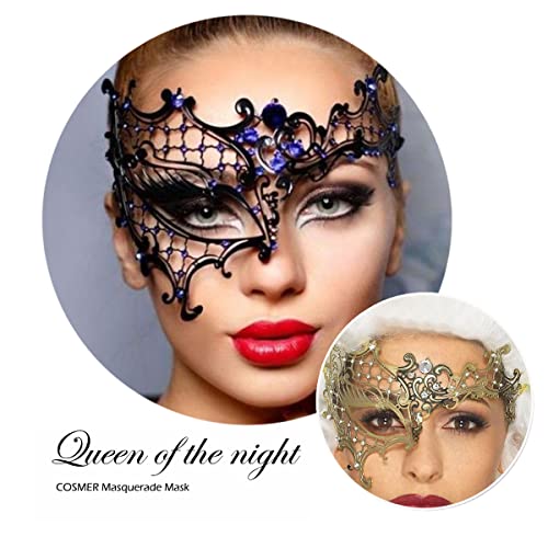 Cosmer Masquerade Mask for Women Shiny Laser Cut Metal Rhinestone Mask Party Porm Ball Mask (Blue Half-face) - Image 4