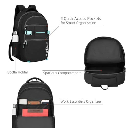 Safari Surge 30L Laptop Backpack Bag for Men & Women, School Bag for Boys & Girls, Ideal for Office/School/College, 2 Compartment Backpack with Rain Cover, Bottle Holder, & Organizer, Color Black - Image 3