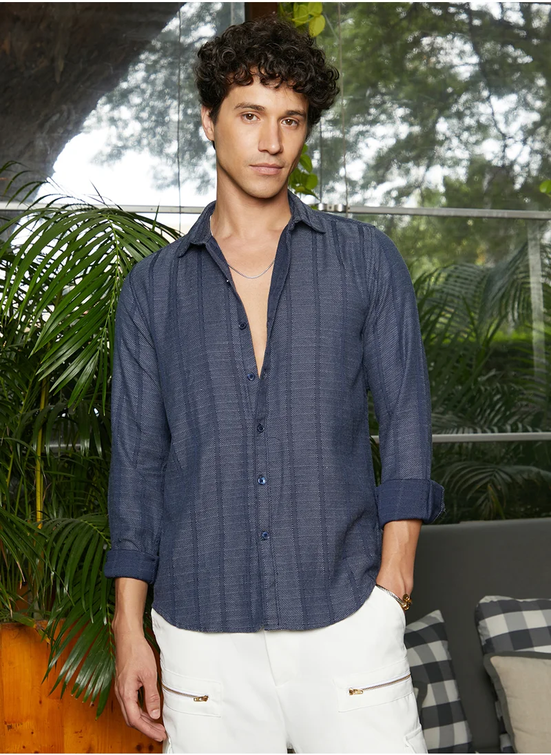 كامبوس سوترا Men's Lapis Blue Contrast-Weave Relaxed Shirt
