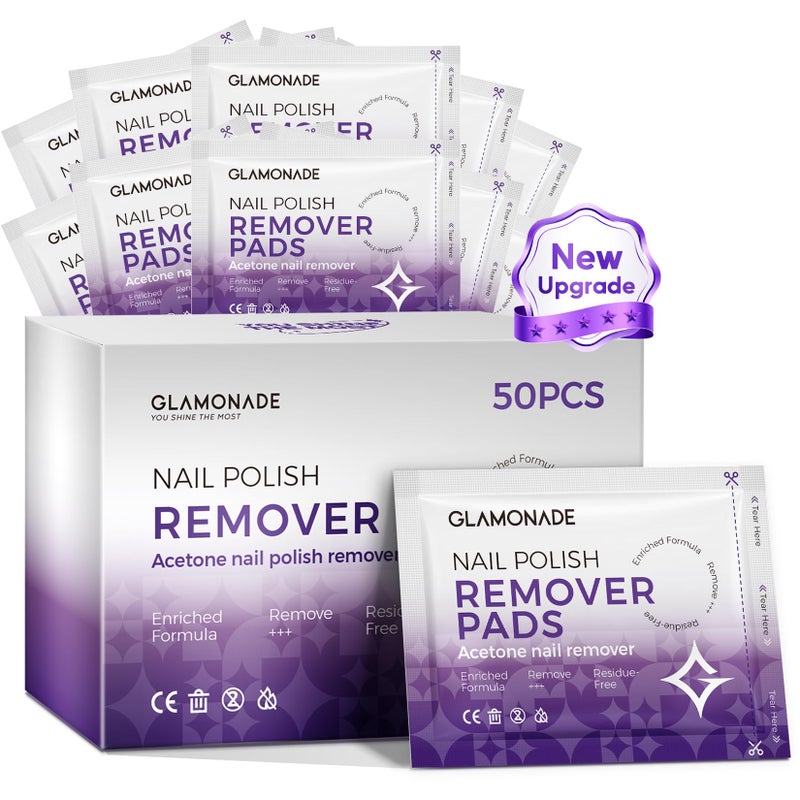 Glamonade Nail Polish Remover Pads: Acetone Gel Nail Polish Remover Wipes 50 PCS Professional Individually Wrapped Wet Wipes Rapidly Remove Gel/Fingernail Polish Travel Kit for Home & Salon Supplies - Image 1