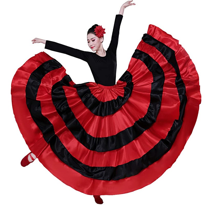 Womens 20 Yard Black Red Layered Long Skirt for Flamenco Belly Dance Spanish Bull Performance Costume