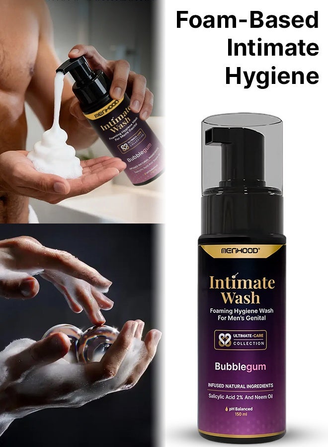 MENHOOD Intimate Wash for Men 150 ML| Tea Tree Oil Essential Neem Oil |Anti-Fungal Foaming Wash | PH Balanced |Skin Brightening | Long- Lasting Freshness (Bubble Gum) - Image 1