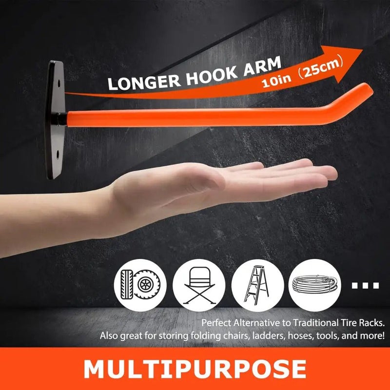 2 خطاف ثقيل بسعة 88 رطلاً من رف تخزين الإطارات المثبت على الحائط من الفولاذ الكربوني - Image 4