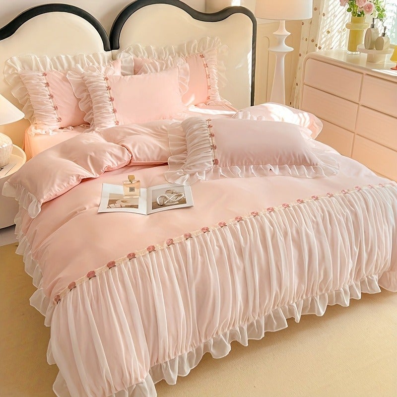 Korean Lace Trim Embroidered Bedding 3pcs Set Including Duvet Cover And Pillowcases (Filling Not Included) - Image 4