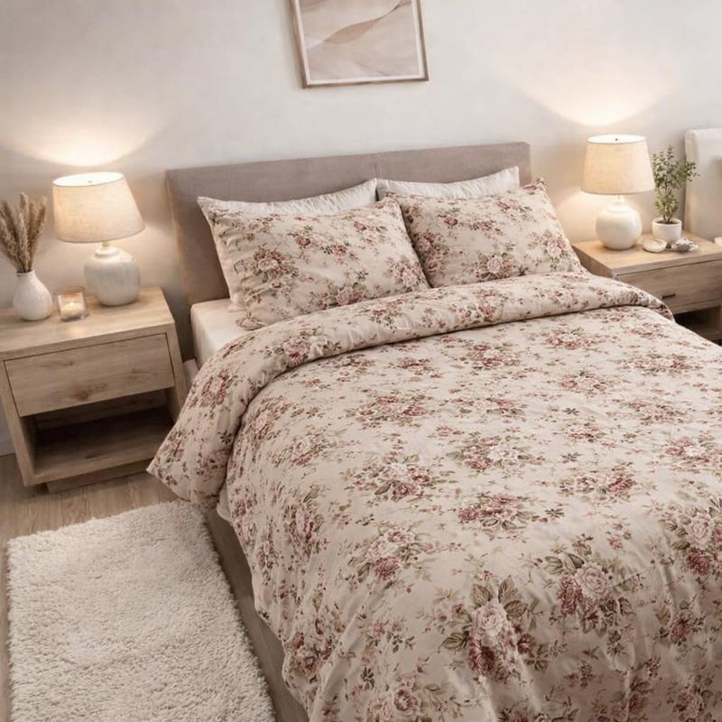 Floral Printed Duvet Cover Set, Soft Cotton Anti-Pilling 220x240 cm, 2 Pillow Cases 50x70 cm, Zipper