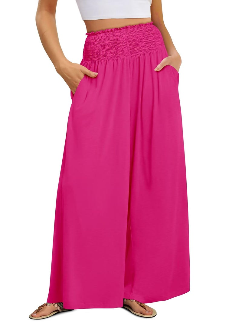 KISSMODA Womens Elastic High Waisted Palazzo Pants Casual Wide Leg Long Lounge Pant Trousers with Pocket Pink S - Image 1