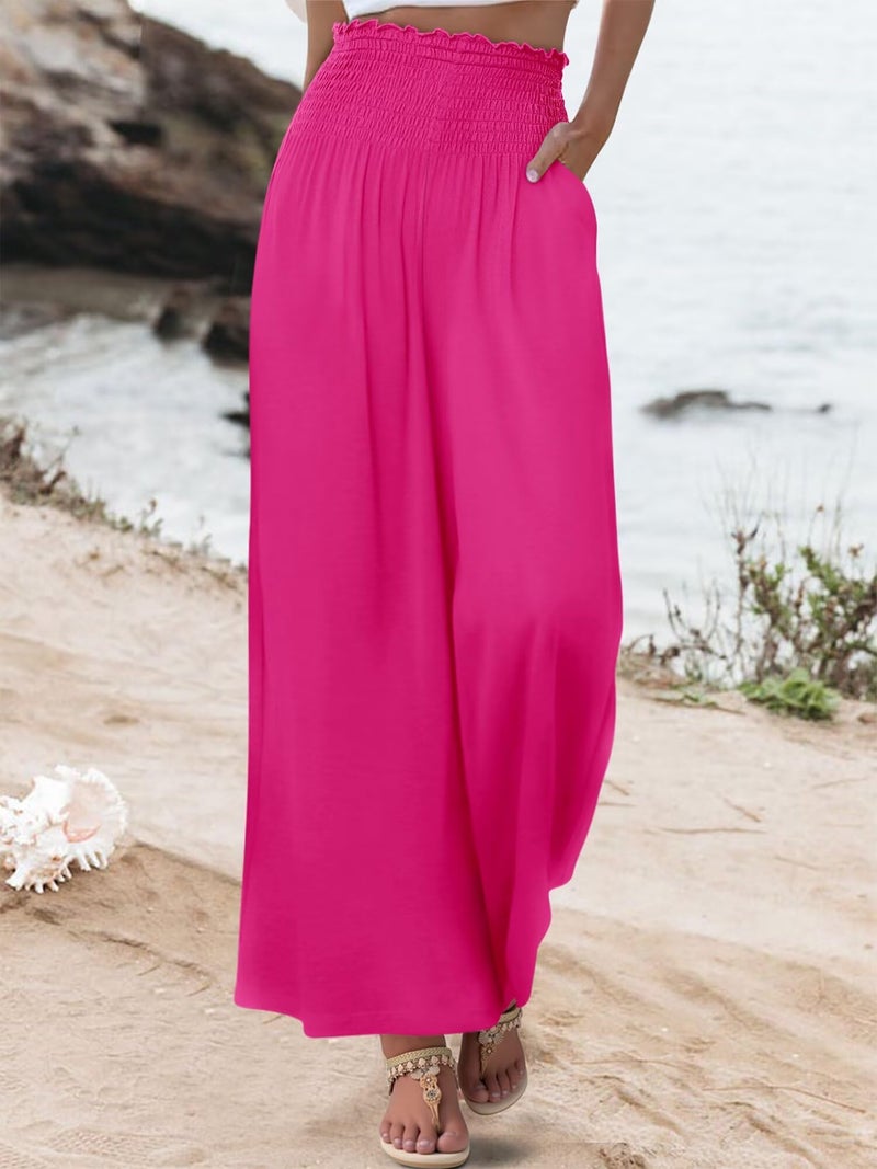 KISSMODA Womens Elastic High Waisted Palazzo Pants Casual Wide Leg Long Lounge Pant Trousers with Pocket Pink S - Image 2
