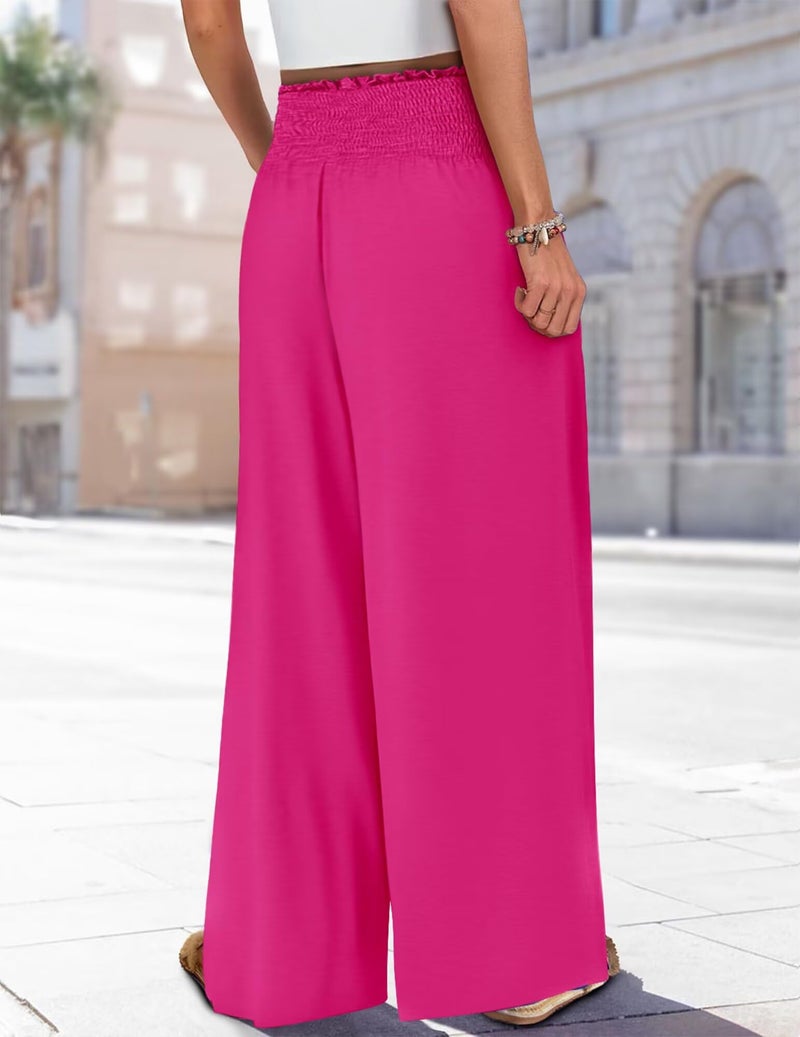 KISSMODA Womens Elastic High Waisted Palazzo Pants Casual Wide Leg Long Lounge Pant Trousers with Pocket Pink S - Image 3