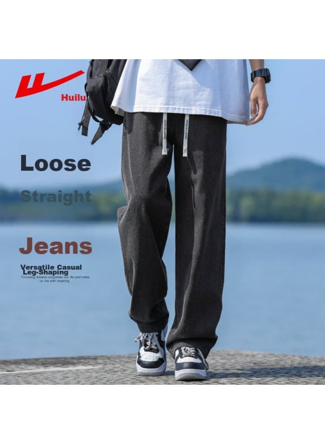 Pull Back Warrior Denim Jeans For Men, Spring And Autumn Straight-leg Pants, Loose Casual Wide-leg Trousers, Simple Long Pants, Black And Gray, Size M - Image 1