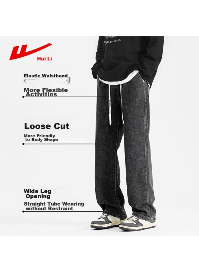 Pull Back Warrior Denim Jeans For Men, Spring And Autumn Straight-leg Pants, Loose Casual Wide-leg Trousers, Simple Long Pants, Black And Gray, Size M - Image 2