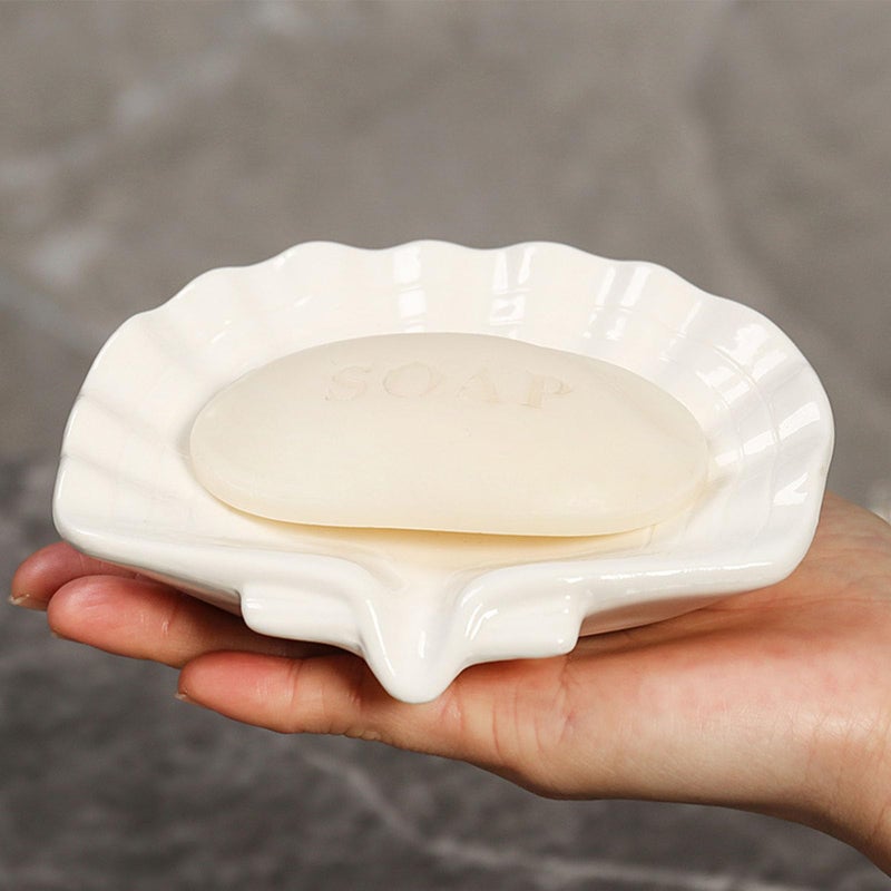 VBANU Ceramic Soap Holder, Sea-Shell Soap Tray with Self Draining, Soap Tray for Sink Washroom Bathroom Shower, Small Cute and Elegant Holder with Glaze, Easy Cleaning (White) - Image 1