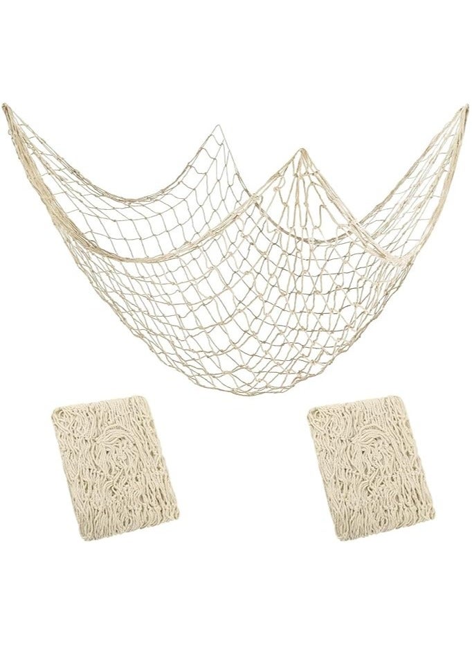 HAWAWA 2 pieces of natural fishing nets measuring 1 meter by 2 meters, decorated with natural cotton beach ornaments in beige color - Image 1