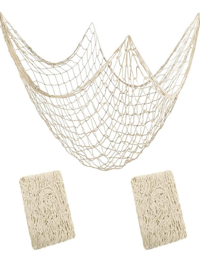 HAWAWA 2 pieces of natural fishing nets measuring 1 meter by 2 meters, decorated with natural cotton beach ornaments in beige color - Image 2