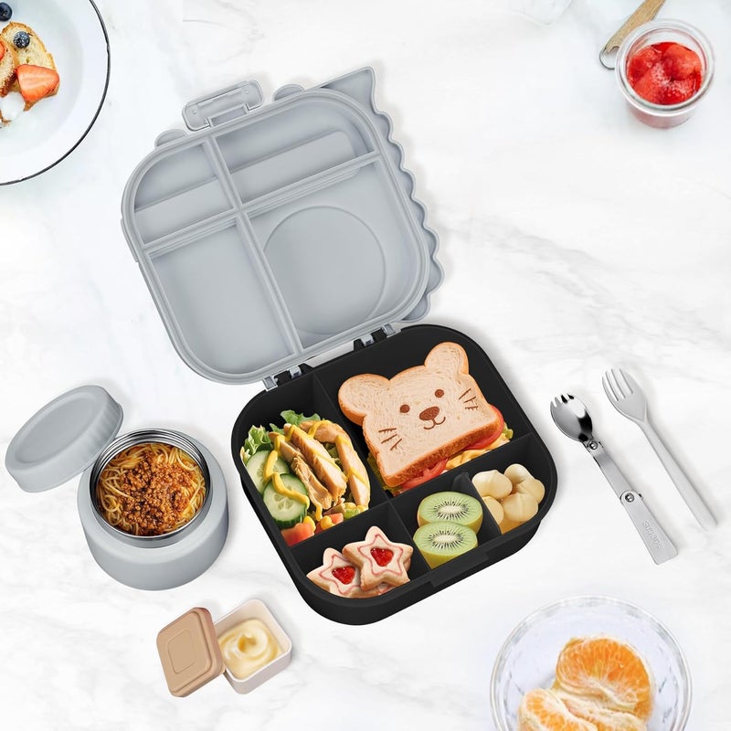 Aimsnk Dinosaur Lunch Box for Kids with Secret Compartment | 4 Compartments Bento Box + 12oz Insulated Food Jar | Leak-Proof Sauce Cup & Collapsible Spoon | BPA-Free, Dishwasher Safe(Grey+Grey Jar) - Image 3
