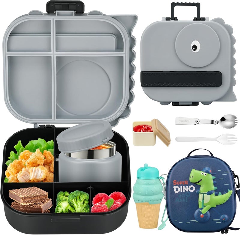 Aimsnk Dinosaur Lunch Box for Kids with Secret Compartment | 4 Compartments Bento Box + 12oz Insulated Food Jar | Leak-Proof Sauce Cup & Collapsible Spoon | BPA-Free, Dishwasher Safe(Grey+Grey Jar) - Image 1