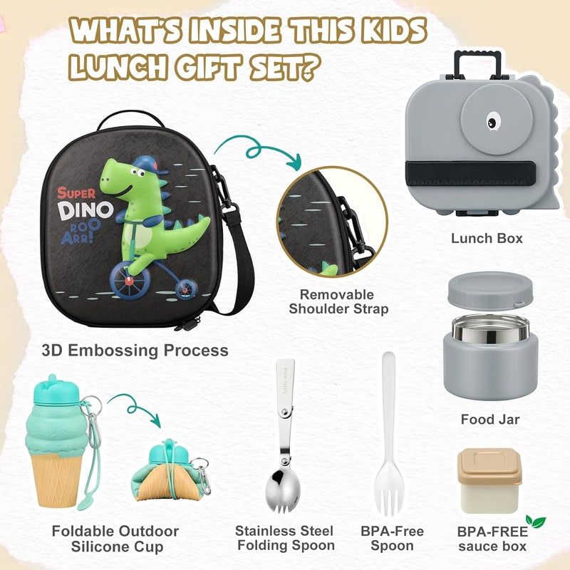 Aimsnk Dinosaur Lunch Box for Kids with Secret Compartment | 4 Compartments Bento Box + 12oz Insulated Food Jar | Leak-Proof Sauce Cup & Collapsible Spoon | BPA-Free, Dishwasher Safe(Grey+Grey Jar) - Image 4