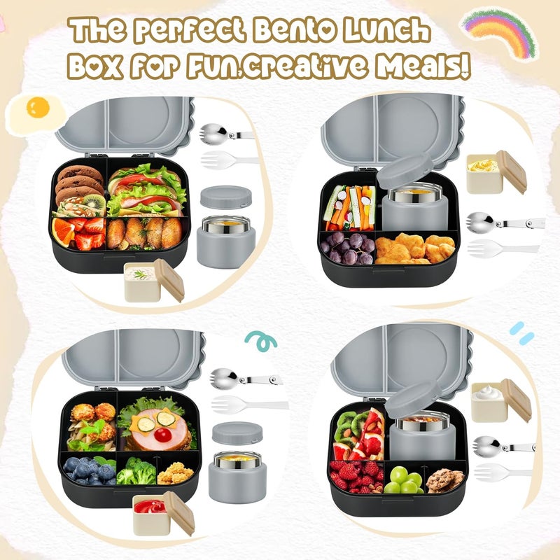 Aimsnk Dinosaur Lunch Box for Kids with Secret Compartment | 4 Compartments Bento Box + 12oz Insulated Food Jar | Leak-Proof Sauce Cup & Collapsible Spoon | BPA-Free, Dishwasher Safe(Grey+Grey Jar) - Image 5
