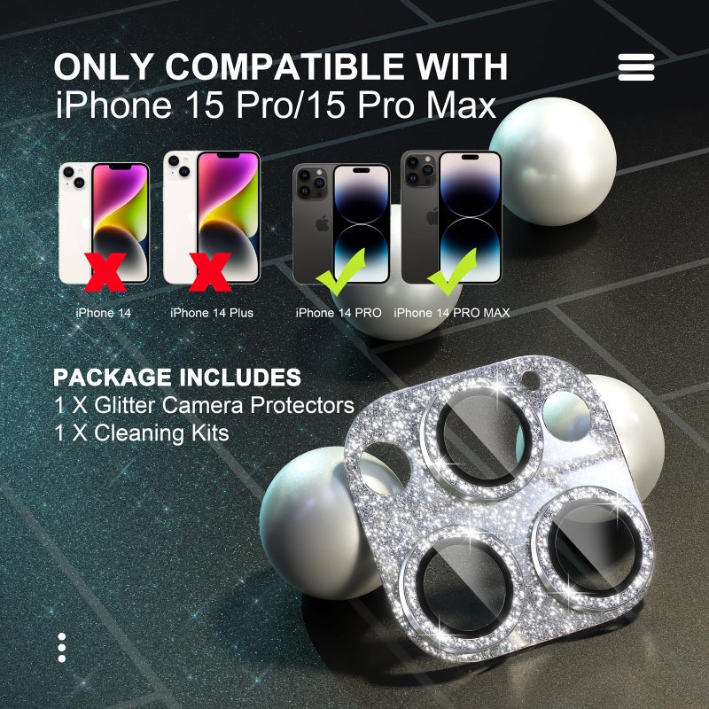 Choiche Compatible for iPhone 15 Pro/iPhone 15 Pro Max Camera Lens Protector, Bling Camera Cover with 9H Tempered Glass Lens Screen Protector Metal Ring Decoration Accessories (Glitter-Silver) - Image 2