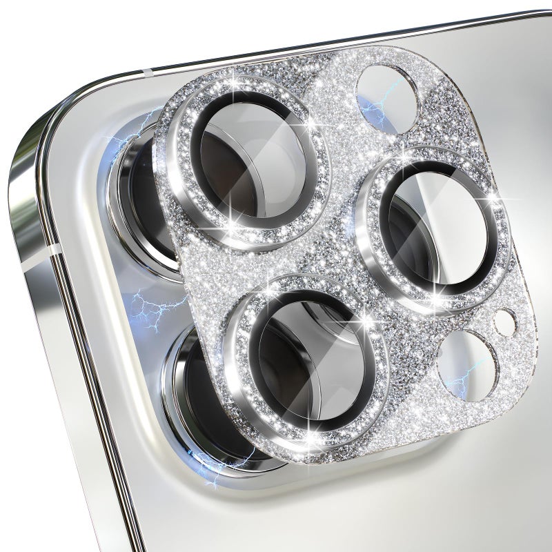 Choiche Compatible for iPhone 15 Pro/iPhone 15 Pro Max Camera Lens Protector, Bling Camera Cover with 9H Tempered Glass Lens Screen Protector Metal Ring Decoration Accessories (Glitter-Silver) - Image 1