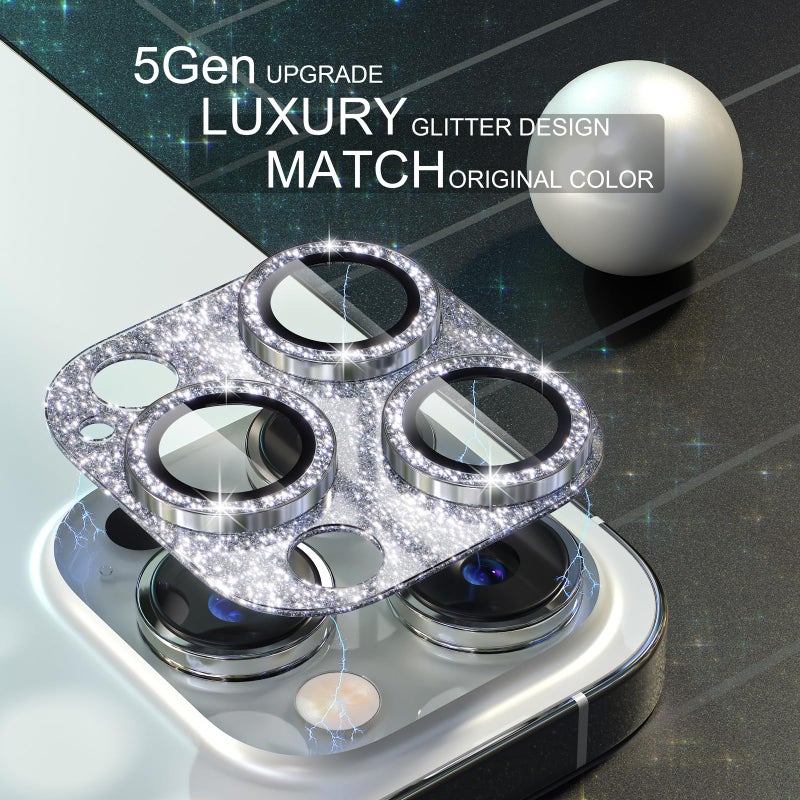 Choiche Compatible for iPhone 15 Pro/iPhone 15 Pro Max Camera Lens Protector, Bling Camera Cover with 9H Tempered Glass Lens Screen Protector Metal Ring Decoration Accessories (Glitter-Silver) - Image 3
