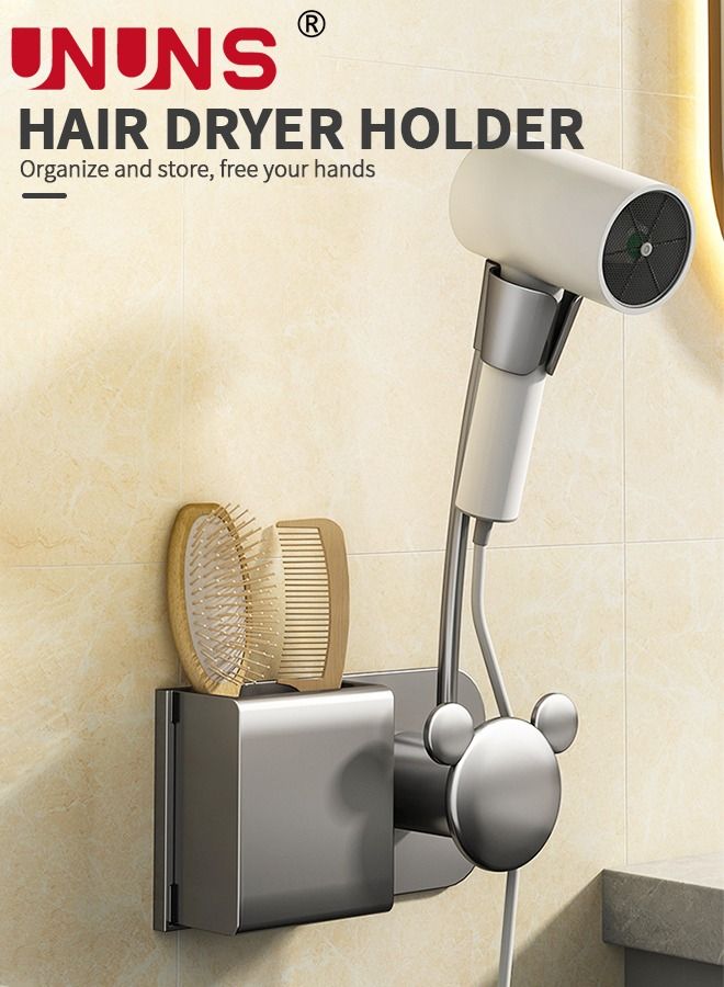 UNUNS حامل مجفف شعر مثبت على الحائط، حامل مجفف شعر قابل للفصل بدون استخدام اليدين مع مساحة تخزين، حامل دش لإكسسوارات الحمام - Image 2