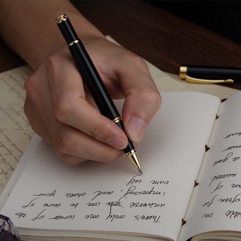 BEILUNER Ballpoint Pens, Stunning Black Chrome Metal Pen with Golden Trim, Best Ball Pen Gift Set for Men & Women, Professional, Executive, Office, Nice Pens-Gift Box with 0.5mm Black Extra Refill - Image 4