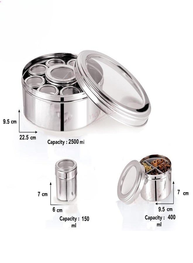 VISAXMI Stainless Steel 12 in 1 Masala Box for Kitchen With See Through Lid | Airtight Spice Box | 8 Small Jars 1 Middle Container With 4 Partitions (2500ml, Silver) - Image 2