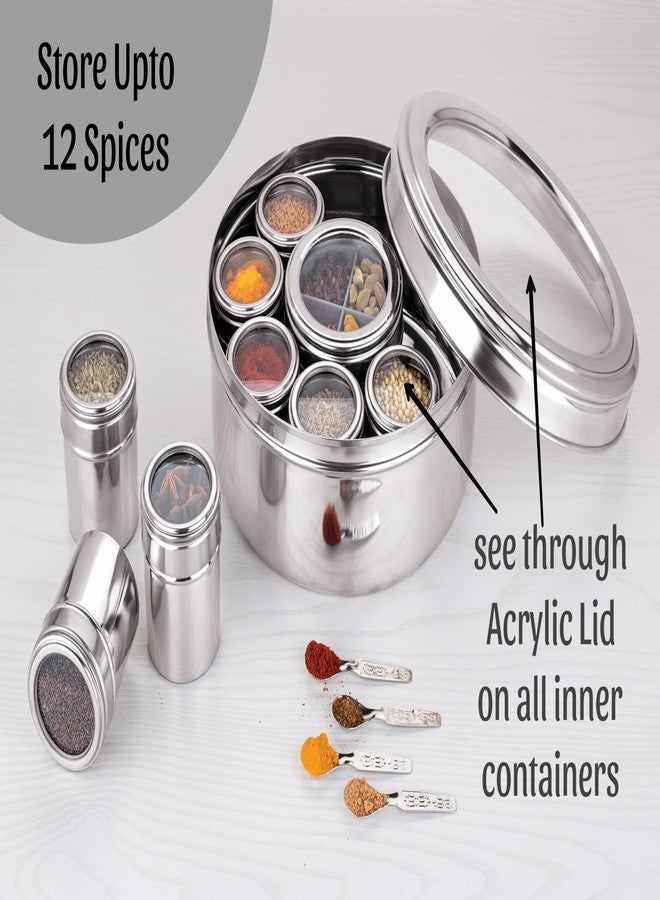 VISAXMI Stainless Steel 12 in 1 Masala Box for Kitchen With See Through Lid | Airtight Spice Box | 8 Small Jars 1 Middle Container With 4 Partitions (2500ml, Silver) - Image 5