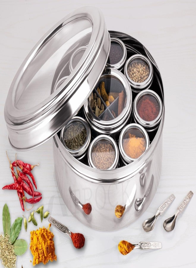 VISAXMI Stainless Steel 12 in 1 Masala Box for Kitchen With See Through Lid | Airtight Spice Box | 8 Small Jars 1 Middle Container With 4 Partitions (2500ml, Silver) - Image 4