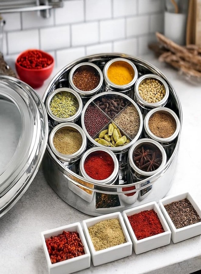 VISAXMI Stainless Steel 12 in 1 Masala Box for Kitchen With See Through Lid | Airtight Spice Box | 8 Small Jars 1 Middle Container With 4 Partitions (2500ml, Silver) - Image 1