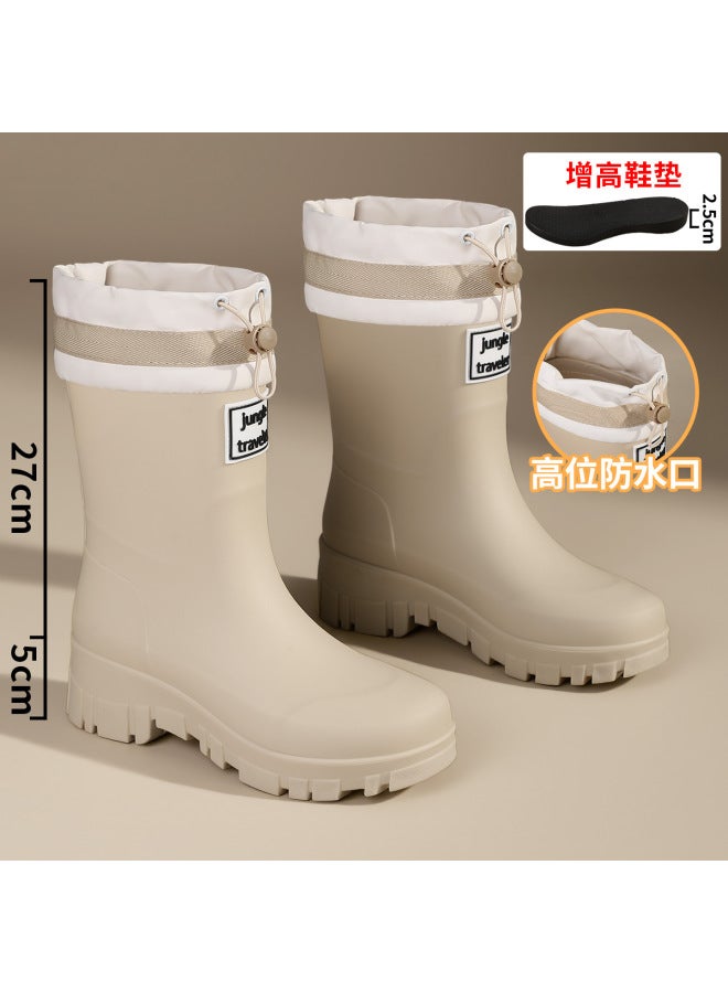 Outdoor Ultra-modern Mid-calf Fashionable Waterproof Drawstring Women's Rain Boots With Fleece Lining, Suitable For Rainforest , Non-slip, Warm, And Durable Rubber Shoes