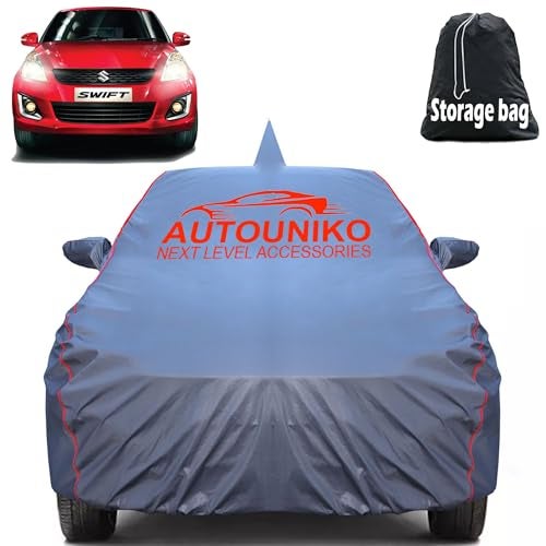 AUTOUNIKO غطاء سيارة أوتوونيكو 100% مقاوم للماء لجسم سيارة ماروتي سوزوكي سويفت مع جيب للمرايا وهوائي وبطانة قطنية ناعمة (مطاط كامل مع خياطة ثلاثية) (رمادي مع حواف حمراء) - Image 1