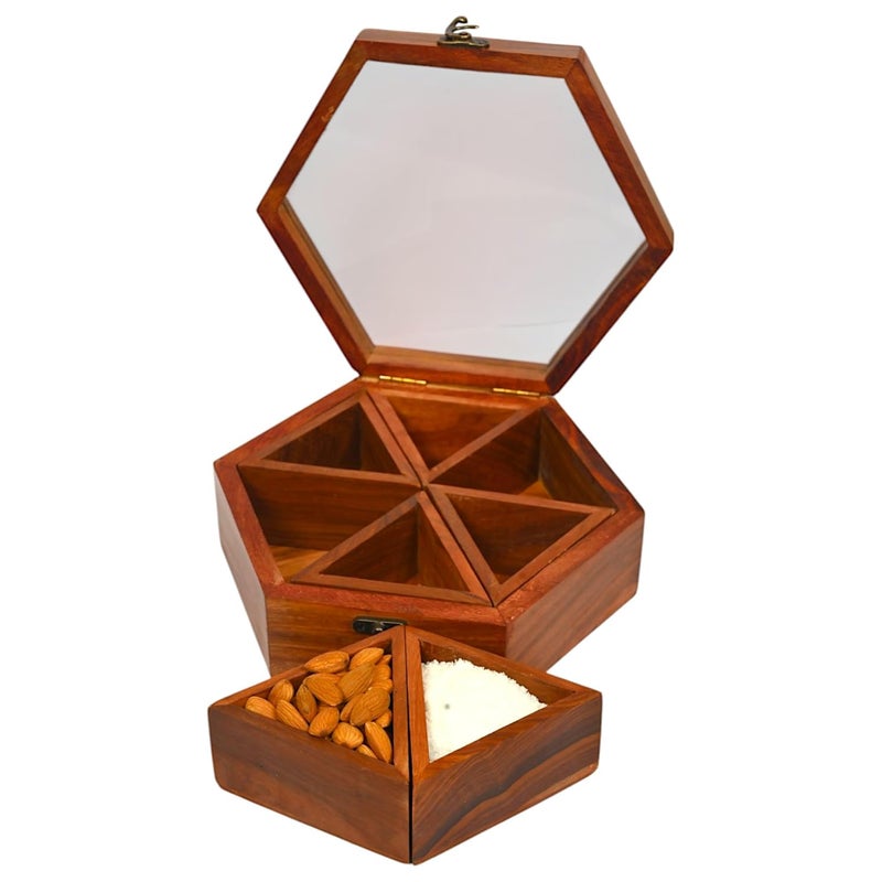 POSHIO® POSHIO Masala Box for Kitchen Table Top Masala Dabba Containers Jars Kitchen Spice Box Big Size Organizer Serving and Storing Box with Removable Partitions Brown 1 Hexagon - Image 2