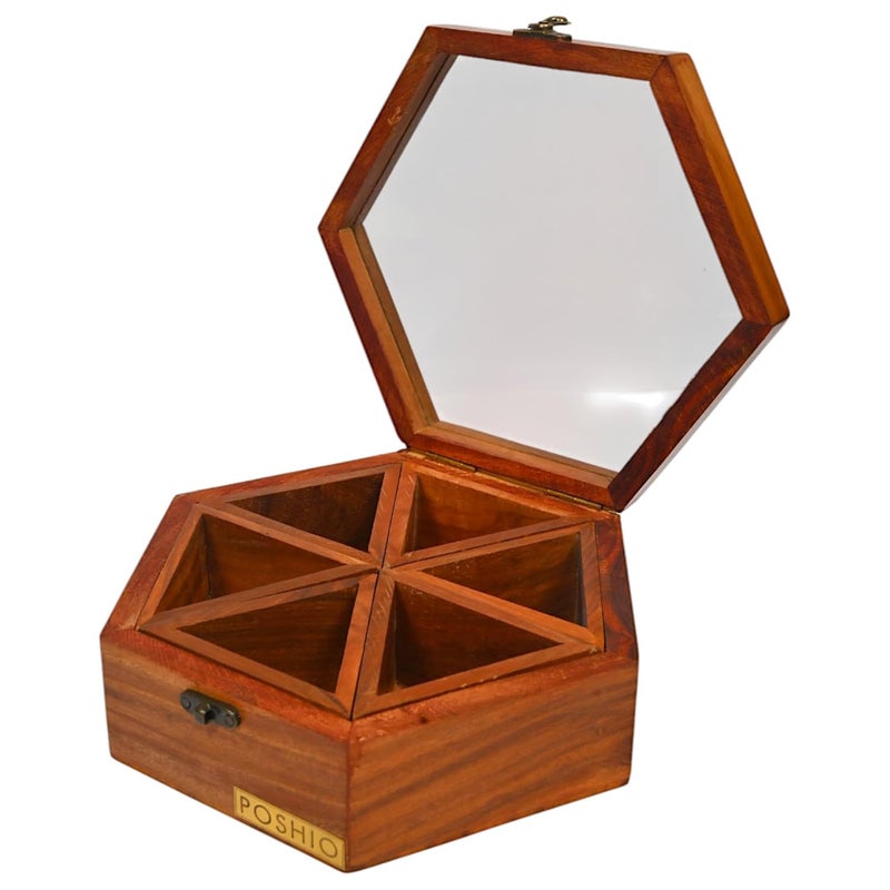 POSHIO® POSHIO Masala Box for Kitchen Table Top Masala Dabba Containers Jars Kitchen Spice Box Big Size Organizer Serving and Storing Box with Removable Partitions Brown 1 Hexagon - Image 4