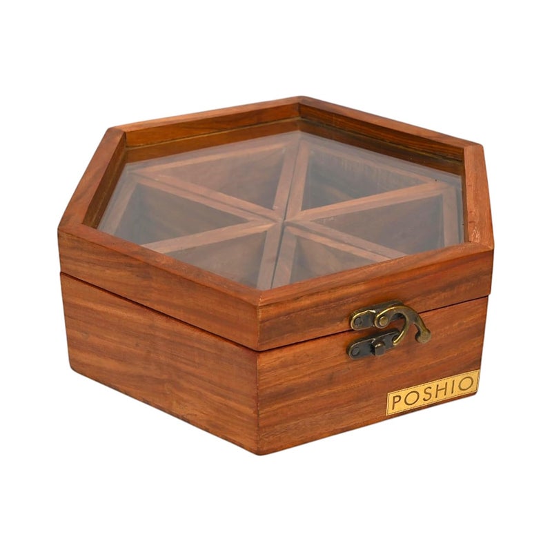 POSHIO® POSHIO Masala Box for Kitchen Table Top Masala Dabba Containers Jars Kitchen Spice Box Big Size Organizer Serving and Storing Box with Removable Partitions Brown 1 Hexagon - Image 1