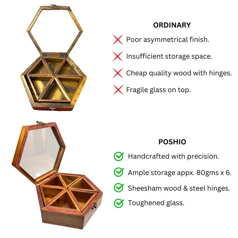 POSHIO® POSHIO Masala Box for Kitchen Table Top Masala Dabba Containers Jars Kitchen Spice Box Big Size Organizer Serving and Storing Box with Removable Partitions Brown 1 Hexagon - Image 3