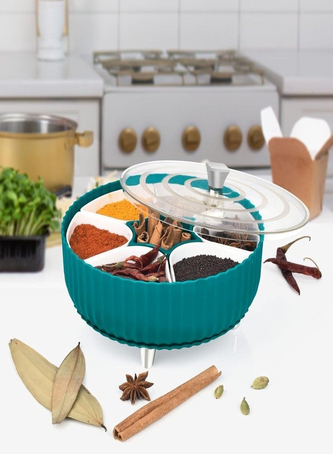 VIKINGS Round Plastic Spice Box - 360° Revolving 7 Compartment Masala Container Box with Transparent Lid & Metal Legs for Kitchen, Spice Storage Organiser Dabba for Masalas, Spices & Dry Fruits - Image 5