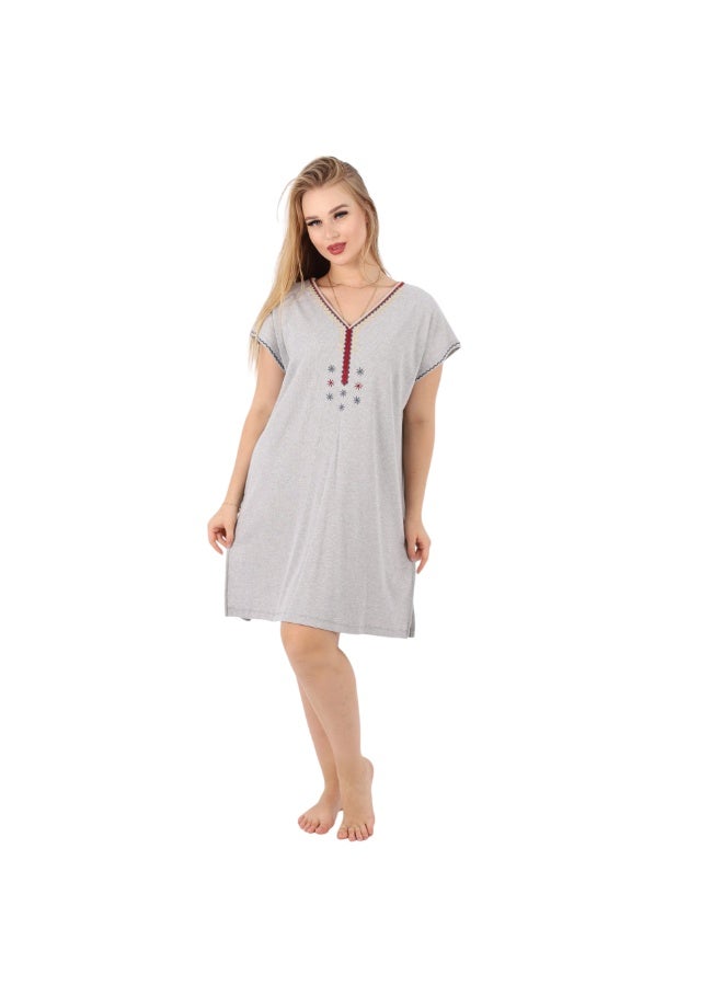 Women's Ribbed Cotton Home Dress - Embroidered V-Neck Nightshirt - Available in Grey