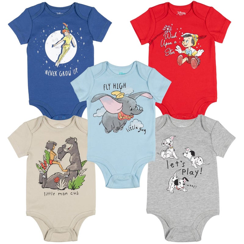 Disney Classics Dumbo Pinocchio Baloo Newborn Baby Boys 5 Pack Bodysuits Multicolor 3-6 Months - Image 1