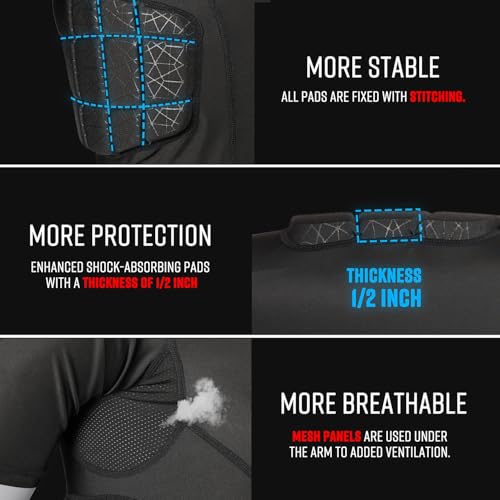surlim Padded Football Shirt Padded Compression Shirt Football Rib Protectors Undershirt Padded for Rugby Lacrosse Baseball (Black, L) - Image 3