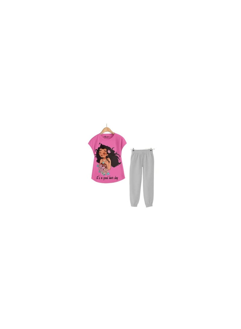 Girls' outing set consisting of a pink T-shirt and gray pants