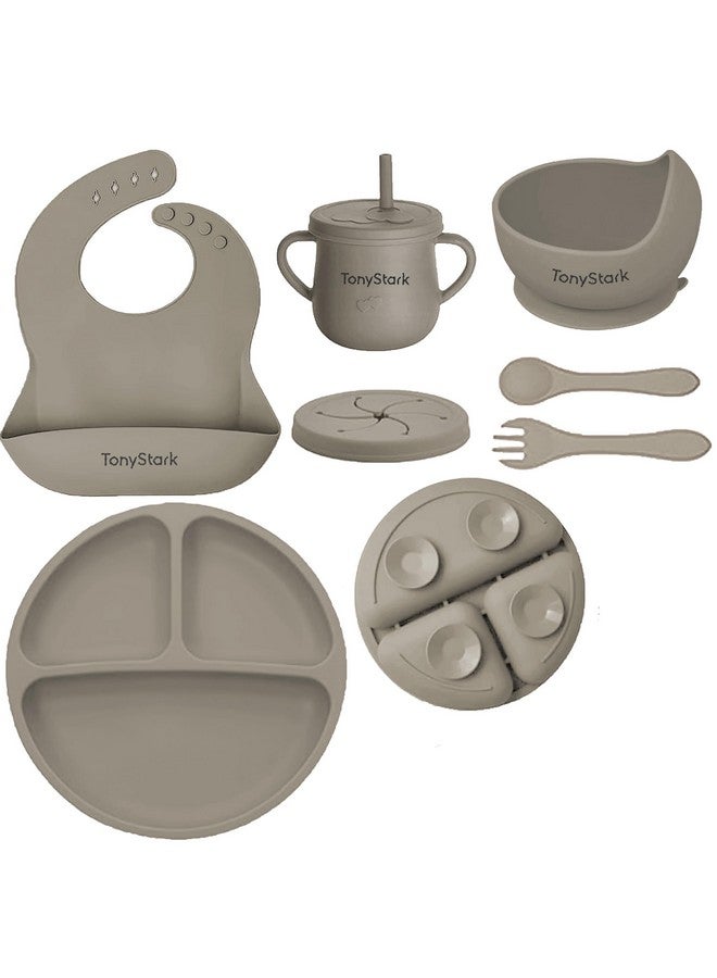 TONY STARK 7 Pcs Silicone Baby Feeding Set Bpa-Free,Microwave Safe,Anti-Slip Base | Complete Tableware Kit For Babies & Toddlers With Suction Plate,Bowl,Cup, Spoon,Fork & Bib (Grey) - Image 1