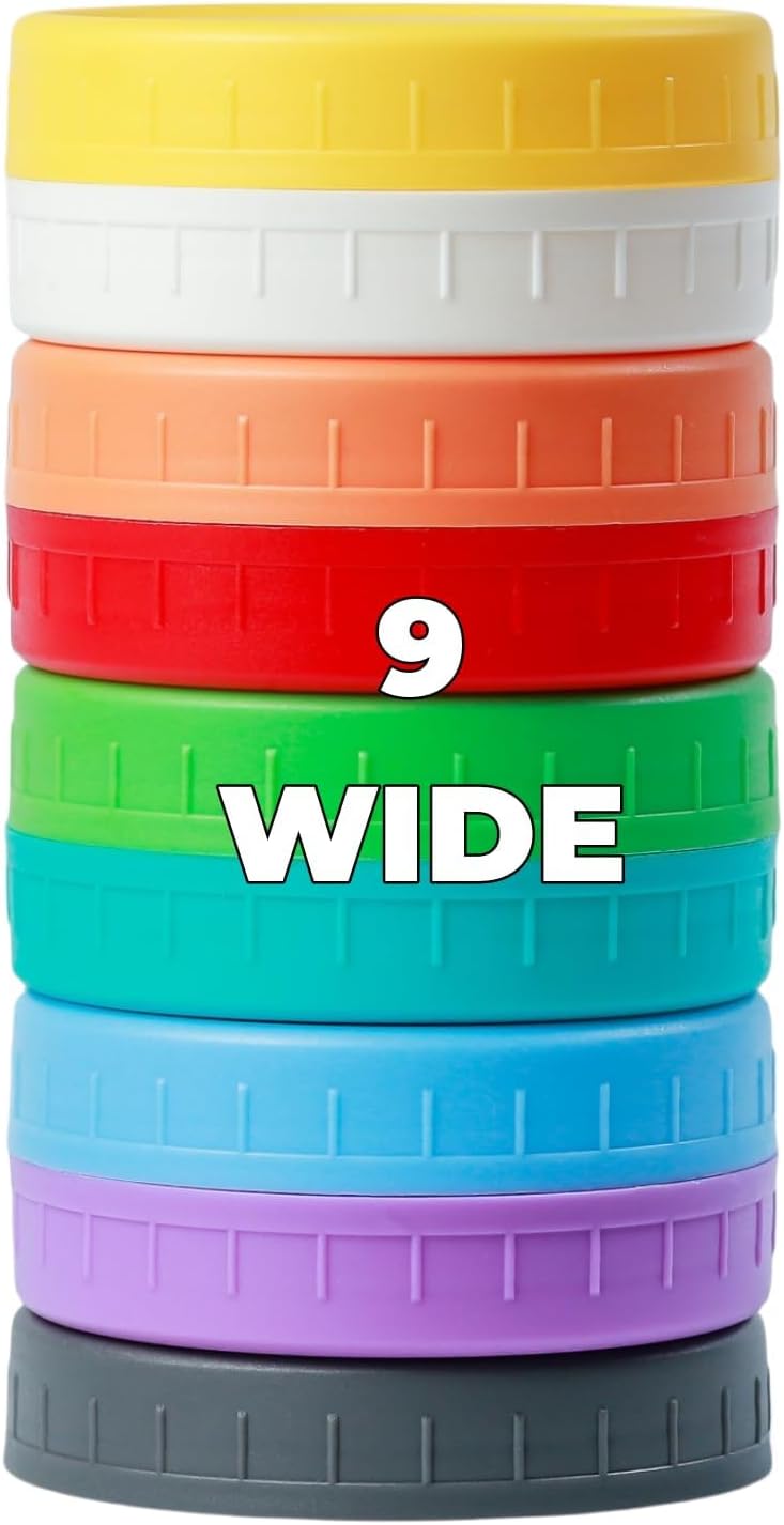 Bedgeta 9 Wide Mouth Mason Jar Lids with Silicone Ring,Thickened Leak-proof Lids Fit Ball,Kerr and More, 9 Color Plastic Lids, 86mm Plastic Mason Jar Lids - Image 1