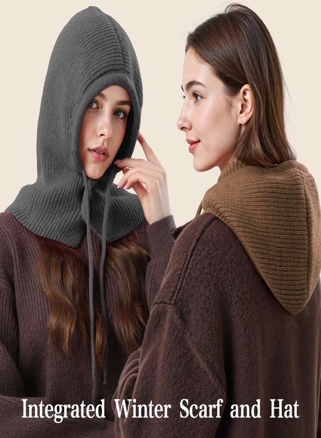 Premillow Balaclava Hat for Women, Warm Ear Neck Hooded Scarf Hat with Drawstring, Fashionable Knit Skull Cap Cold Weather, Grey, One size - Image 4