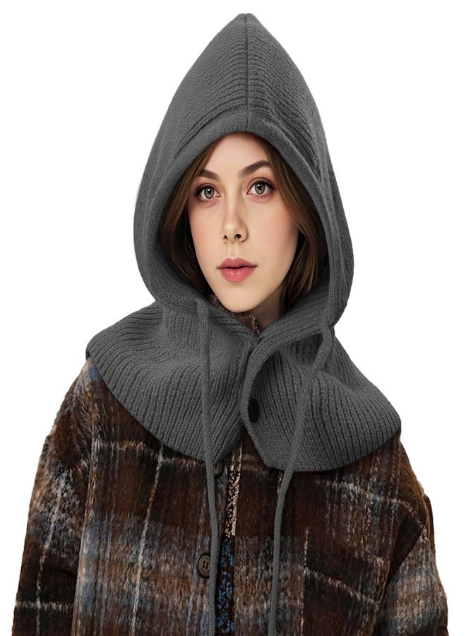 Premillow Balaclava Hat for Women, Warm Ear Neck Hooded Scarf Hat with Drawstring, Fashionable Knit Skull Cap Cold Weather, Grey, One size - Image 1