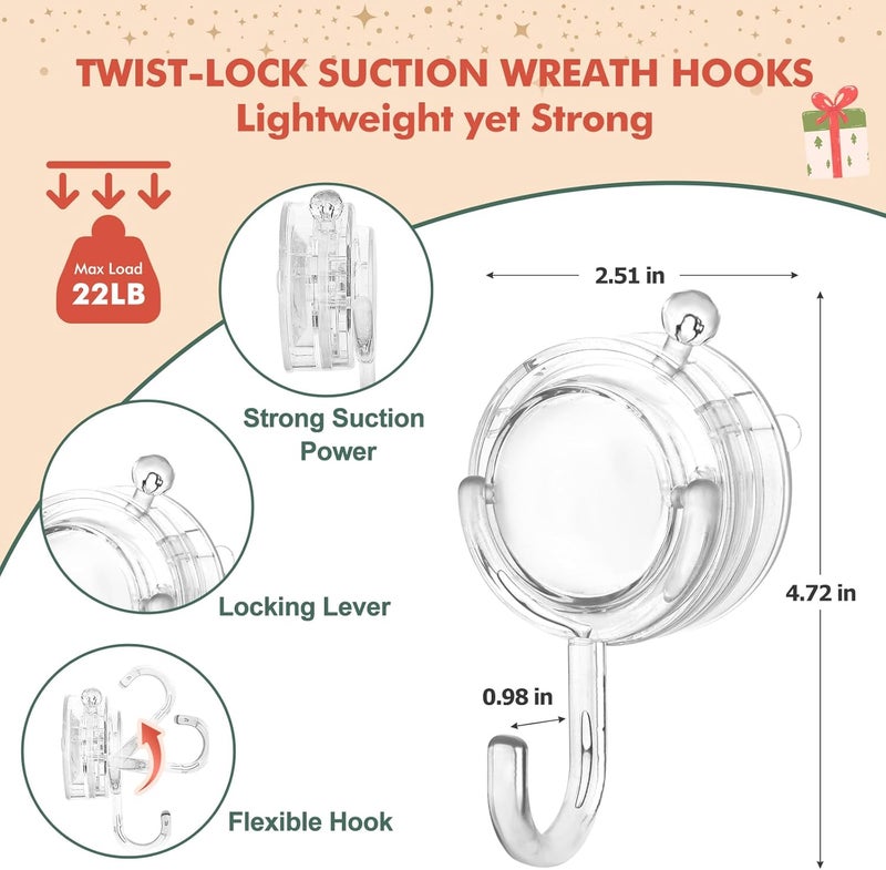VIS'V Wreath Hanger, Large Twist Lock Suction Cup Wreath Hooks, Heavy Duty, 22 LB Capacity, Removable and Reusable, Round, Clear, 2 Pcs - Image 4