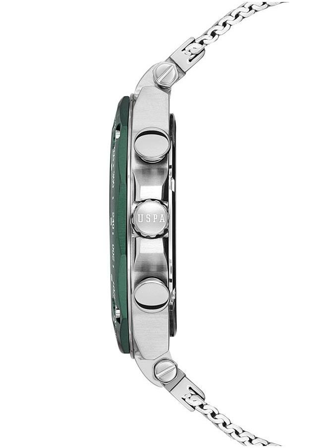 U.S. Polo Assn. U.S. Polo Assn. Crossing Men's 44mm Watch with Green Dial, Chronograph & Silver Mesh Band, Sporty & Sophisticated Design  - Image 2