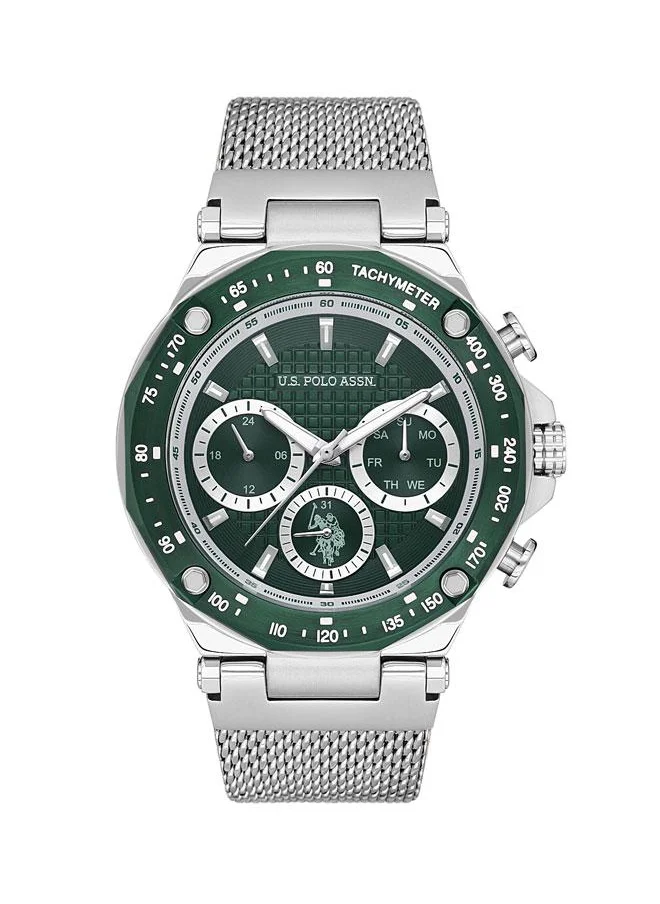 يو اس بولو اسن U.S. Polo Assn. Crossing Men's 44mm Watch with Green Dial, Chronograph & Silver Mesh Band, Sporty & Sophisticated Design