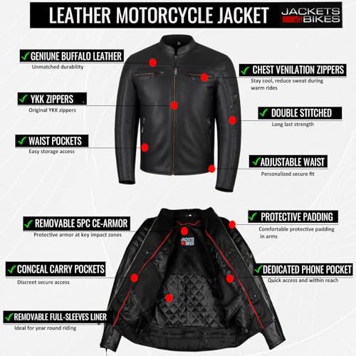 Jackets 4 Bikes Men's REVOLT Premium Buffalo Natural Leather Motorcycle Jacket - CE Armor, Vented, Removable Liner, Concealed Carry Pockets - Cruiser Retro Touring Biker Jacket Black XXL - Image 5